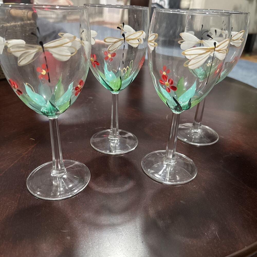 Dragonfly & Flower Hand Painted Wine Glasses